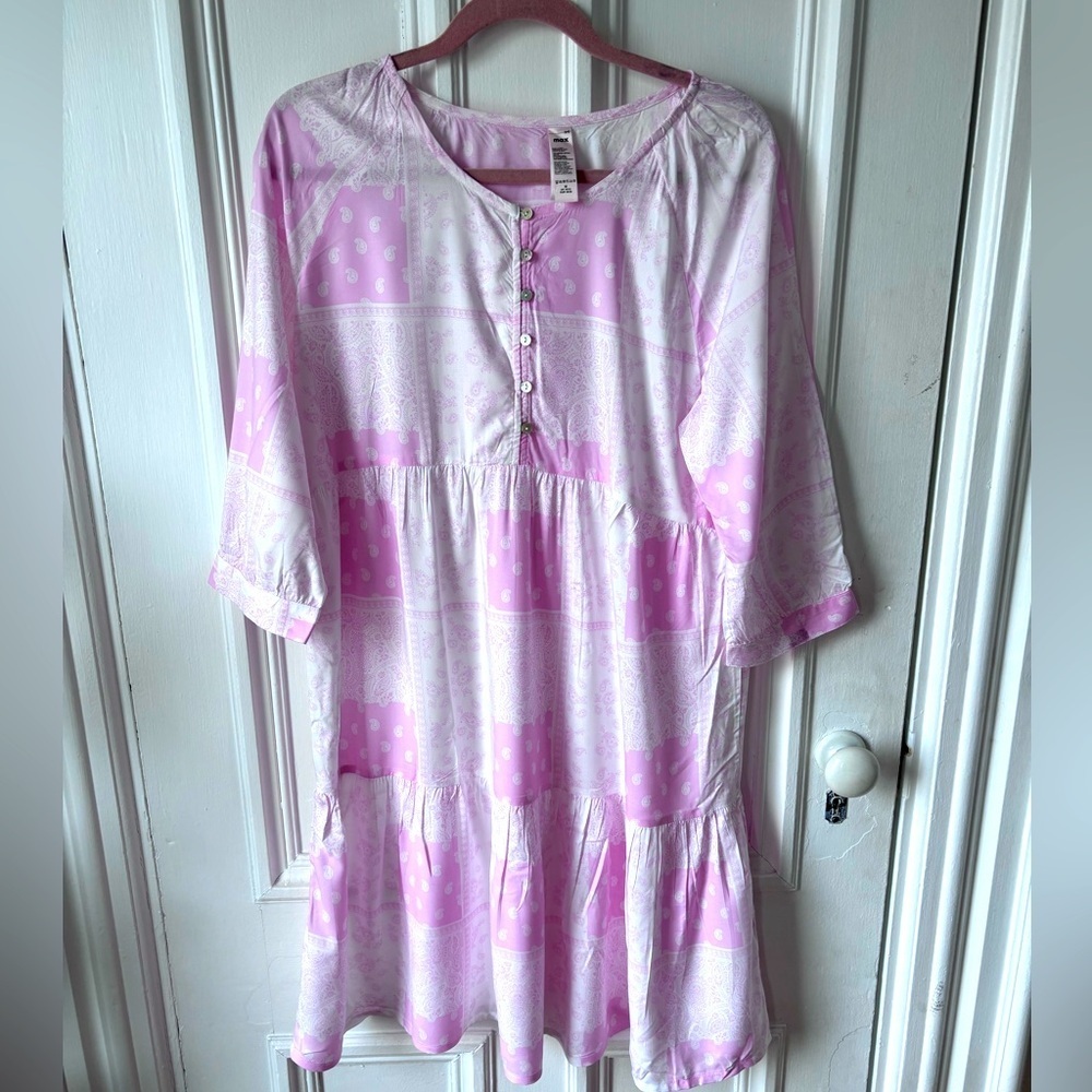 Women’s Max Pink Paisley Tiered Smock Dress 1/2 Button Placket, Midi Medium
